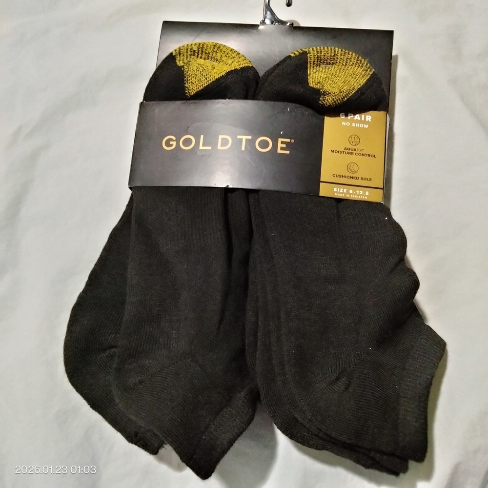 Goldtoe Mens No Show Socks 6 Pair Pack Black Size 6-12.5 AquaFX Cushion New